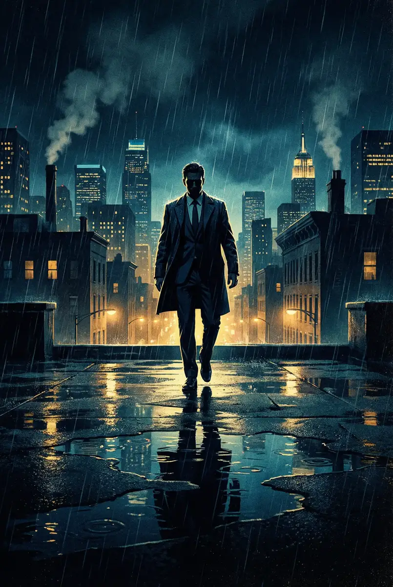 遭难者们 出品影片《雨夜独行者》海报，雨中城市屋顶男性剪影